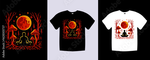 Meditating figure under the moon with mushrooms, a unique t-shirt design.