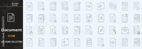 Document set of web icons in line style. Documents linear icon collection. Containing contract papers, folder, certificate, accept, approved, clipboard, invoice, archive and more. Editable stroke