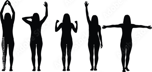 Silhouette woman performing yoga and exercise poses, flexibility and health, workout routine, stretching motion, black and white fitness illustration