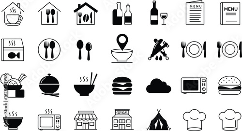 Restaurant and food icon set, dining utensils, hot meals, chef hat, cooking tools, takeaway, location, menu symbols, black vector