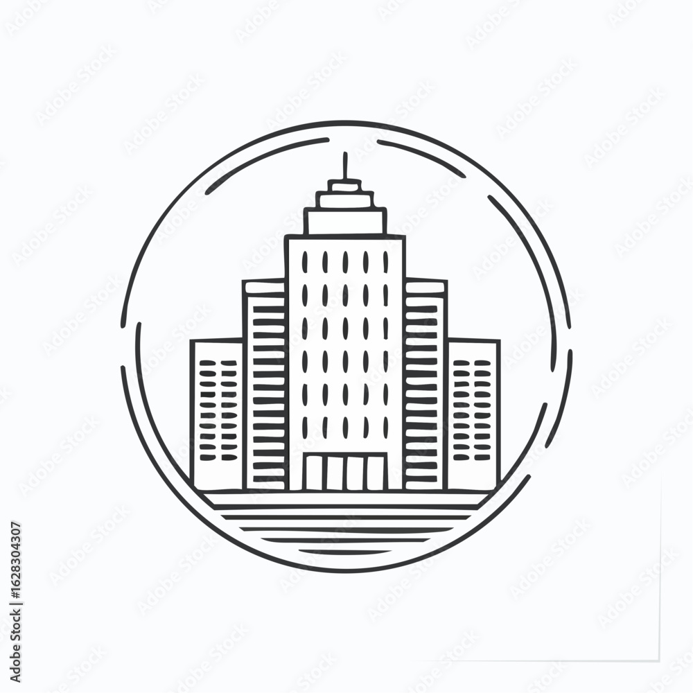 Obraz premium Line art illustration of an urban cityscape with skyscrapers. Minimalist building icon for a real estate or corporate business logo.