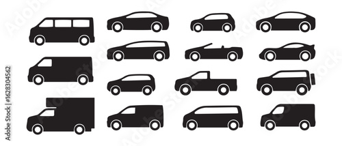Car Silhouette Icon Set. 16 Car, Truck, Van, and SUV Icons for Design and Identification.