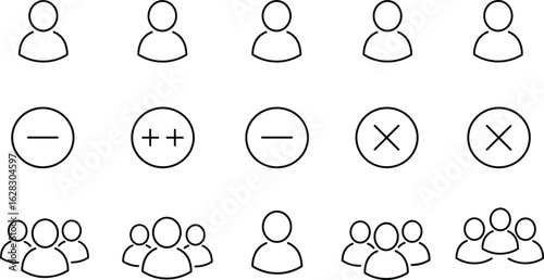 User and group icon set, profile symbols with add, remove, cancel buttons, team management elements, minimalist outline vector design