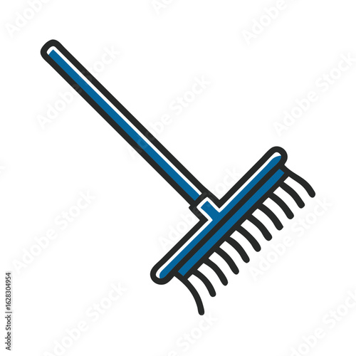 Rake tool with a blue handle for gardening and landscaping tasks  
