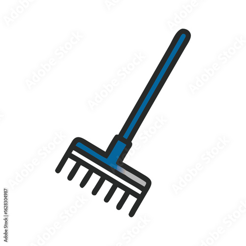 Gardening rake with blue handle and black prongs for landscaping  