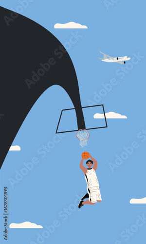 Basketball player jumping into a surreal hoop with airplane and clouds in the sky. Dynamic minimal illustration.