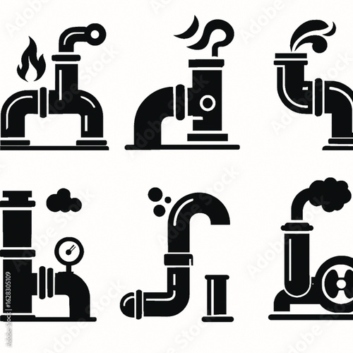 Set of industrial pipe and smokestack vector icons concept for industry and manufacturing