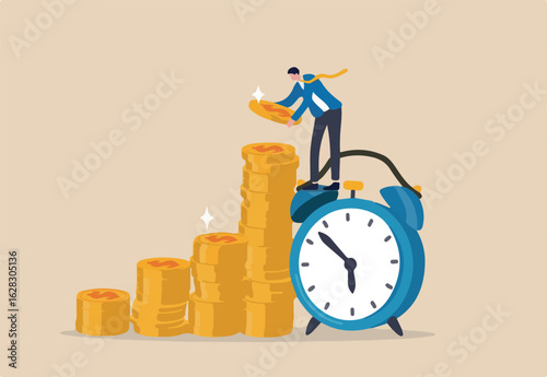 Long term investing or savings for retirement fund, compound interest or investment growth, tax time reminder concept, businessman on alarm clock put more dollar coin money to increase his savings.