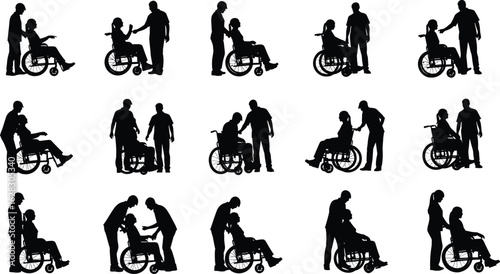 Caregivers assisting wheelchair users, healthcare support, compassionate aid, patient mobility, rehabilitation process, nursing care, daily routine, silhouette medical illustration