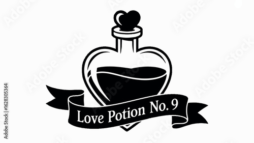 Black and white silhouette of a heart shaped potion bottle with a matching cork