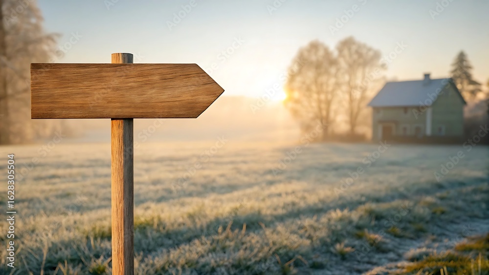 Naklejka premium Wooden directional signpost in a frosty field at sunrise with a distant cabin and soft golden light