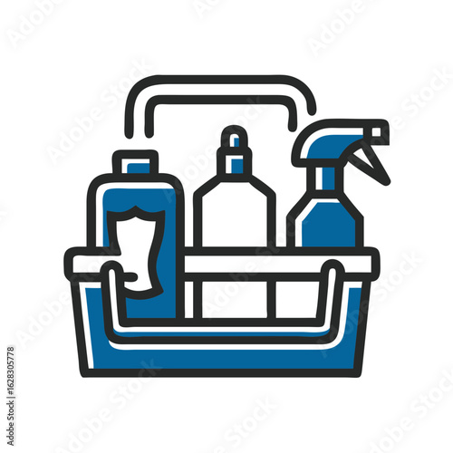 Cleaning caddy with bottles of cleaning supplies in blue color  