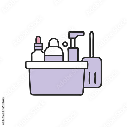 Cleaning caddy filled with cleaning supplies and tools in purple  