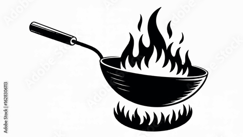 Silhouette illustration of a wok with dynamic flames and wisps of smoke