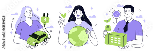 Sustainability set. Characters showing benefits of sustainable lifestyle. Green energy, electric car, clean industry concept. Vector illustration.