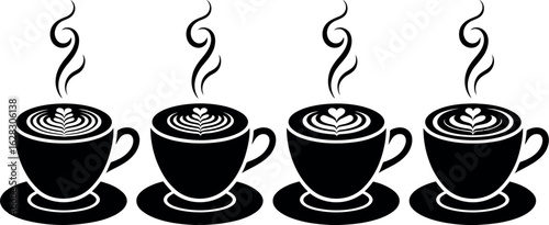 Four black and white coffee cups with latte art and steam arranged in a horizontal row on a white background