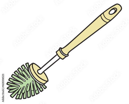Toilet brush with green bristles and wooden handle for cleaning  