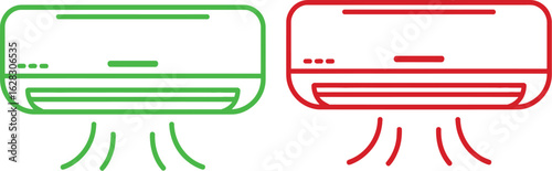 Two air conditioners one green and one red with air flow lines coming from the bottom on a white background