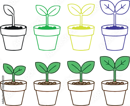Varied seedlings in pots showcasing growth stages and colors in a neat arrangement on white background