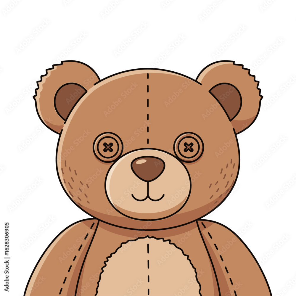 Fototapeta premium Flat vector teddy bear with soft brown fur and stitched nose, isolated on white background