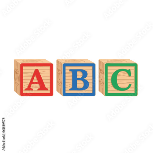 Flat vector wooden alphabet blocks with letters A, B, and C, isolated on white background