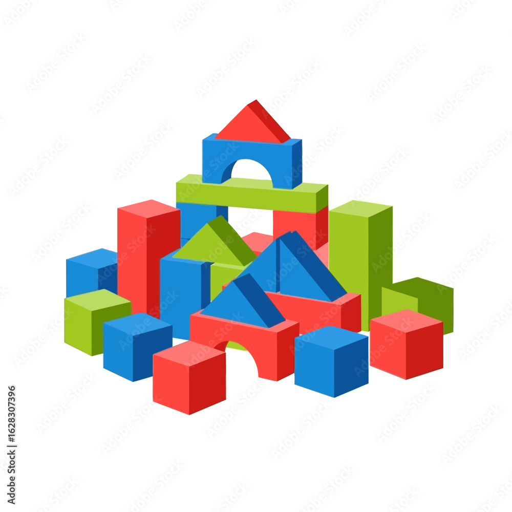 Obraz premium Flat vector building blocks set in assorted shapes and bright colors, isolated on white background
