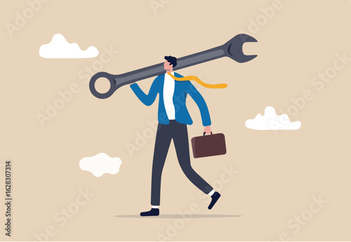 Fix business problem, help resolve problem, improve business in downturn or crisis management concept, smart businessman carrying big wrench metaphor of fixing problem.