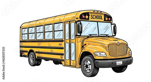 A yellow school bus with black accents and a white background in a cartoon illustration style