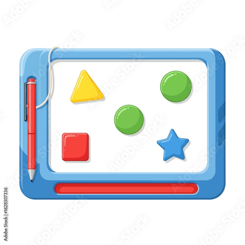 Flat vector drawing board for kids with magnetic pen and shapes, isolated on white background