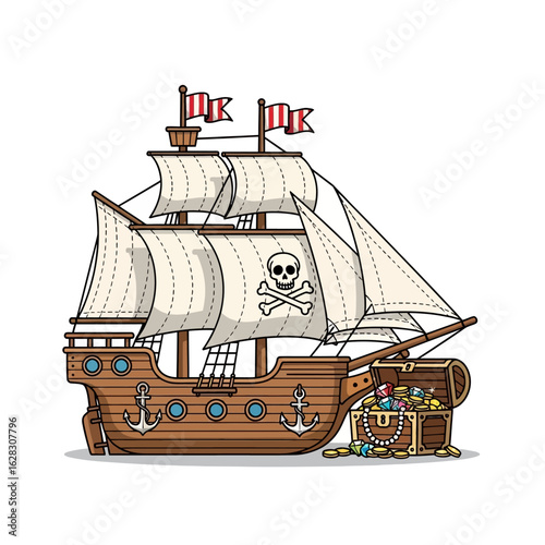 Flat vector pirate ship toy with sails and treasure chest, isolated on white background