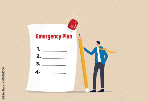 Business emergency plan, checklist to do when disaster happen to continue business and build resilience concept, smart businessman leader holding pencil with paper of emergency plan flashing siren.