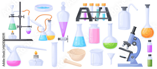 Cartoon chemistry tools. Laboratory scientific test equipment, chemical beakers medical flasks science experiment measuring glassware vial liquid tube, set neat vector illustration