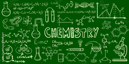 Chemist school board. Chemical formula on blackboard, science pattern chalkboard school classroom blackboard lab experiment biology physic math equation, neat vector illustration