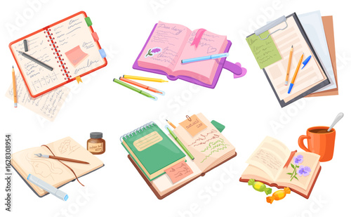 Cartoon diary notebooks. Paper books, calendar notebook with pen open notepad schedule planner journal plan list pencil school study office table write set neat vector illustration