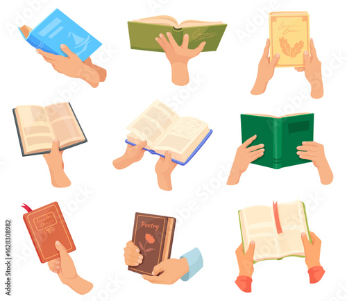 Hands holding books. Reader hold book, arm give or read open closed textbook school study reading education home library concept paper literature, cartoon neat vector illustration