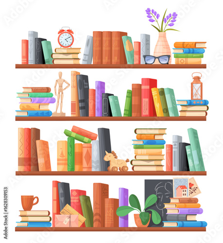 Cartoon bookshelf. Books spine stack row on home shelves, library bookcase bookshop shelves school education readers hobby paper book pile reading concept, neat vector illustration