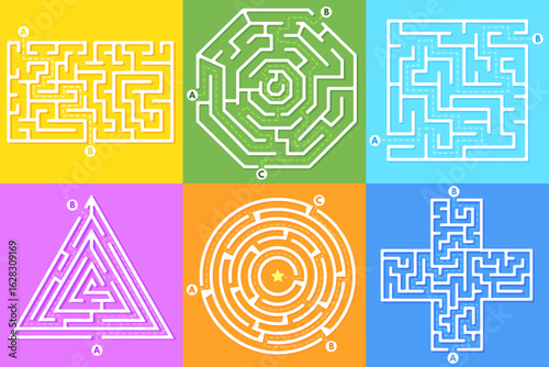 Mazes direction choices. Maze labyrinth game, puzzle square circle shape riddle pattern find right way solution path exit line route rebus entrance road, neat vector illustration