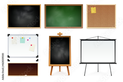 Realistic school boards. Chalk board on wall, office flip chart for presentation chalkboard whiteboard blackboard modern flipchart paint message, 3d set exact vector illustration