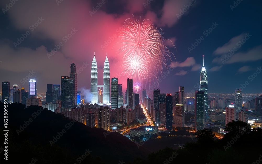 Obraz premium Firework over Kuala Lumpur city, Malaysia skyline. High quality