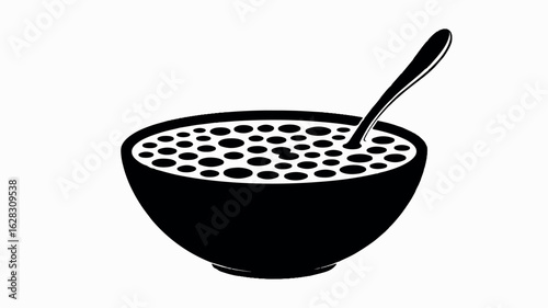 Simple black and white illustration of a breakfast cereal bowl with a spoon