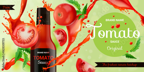 Ketchup ad. Realistic tomato sauce advertising banner design template, fresh tomatoes product bottle package mockup sweet sauces vegetable ingredient exact vector illustration