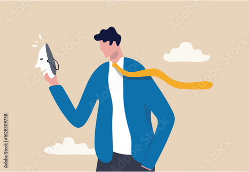 Imposter syndrome, hypocrisy, business dishonest or liar, fake, crime or fraudulent concept, depressed anonymous businessman holding smiling mask thinking about being or acting like another person.