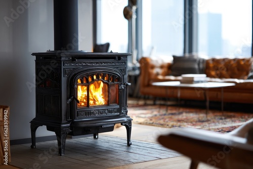 Black wood-burning stove in a modern living room.  Cozy fire.  Floor-to-ceiling windows offer city view.  Rustic decor