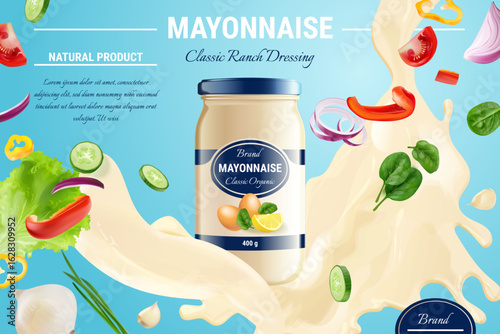 Mayonnaise ad. Realistic mayo bottle jar, sauce splash flying vegetables salad dressing brand product advertising promo banner design cream yogurt sauces, exact vector illustration