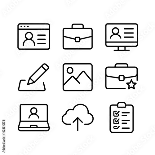 Creative work display icons. Outline symbols. Line design