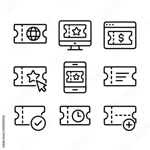 Digital ticket booking icons. Outline symbols. Line design
