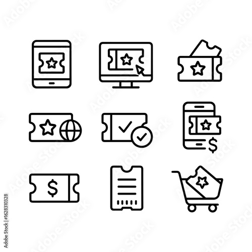 Event ticket vector icons set. Outline symbols. Line design