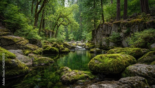 Lush forest stream with mossy rocks