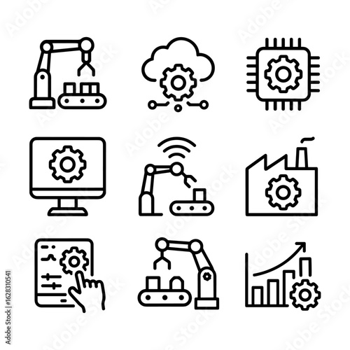 Production and assembly line icon collection. Outline symbols. Line design