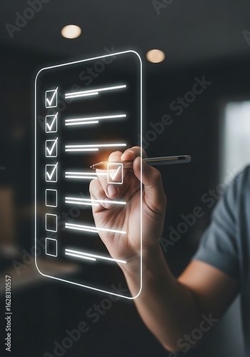 Man'S Hand Marking A Checkbox On A Digital Checklist, Signifying Task Completion And Organized Workflow In Modern Business.